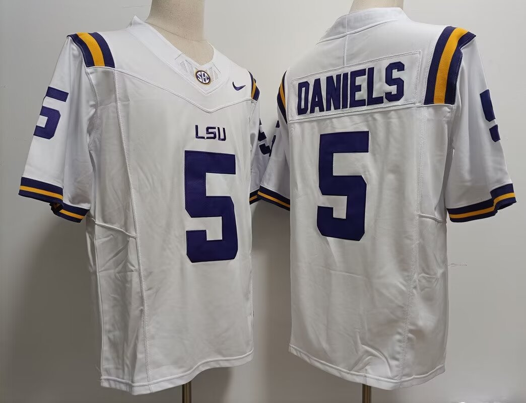 2024 NCAA Men LSU Tigers #5 Jayden Daniels white Nike jersey